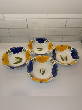 Hand-Painted Floral Ceramic Serving Bowls in Yellow and Blue